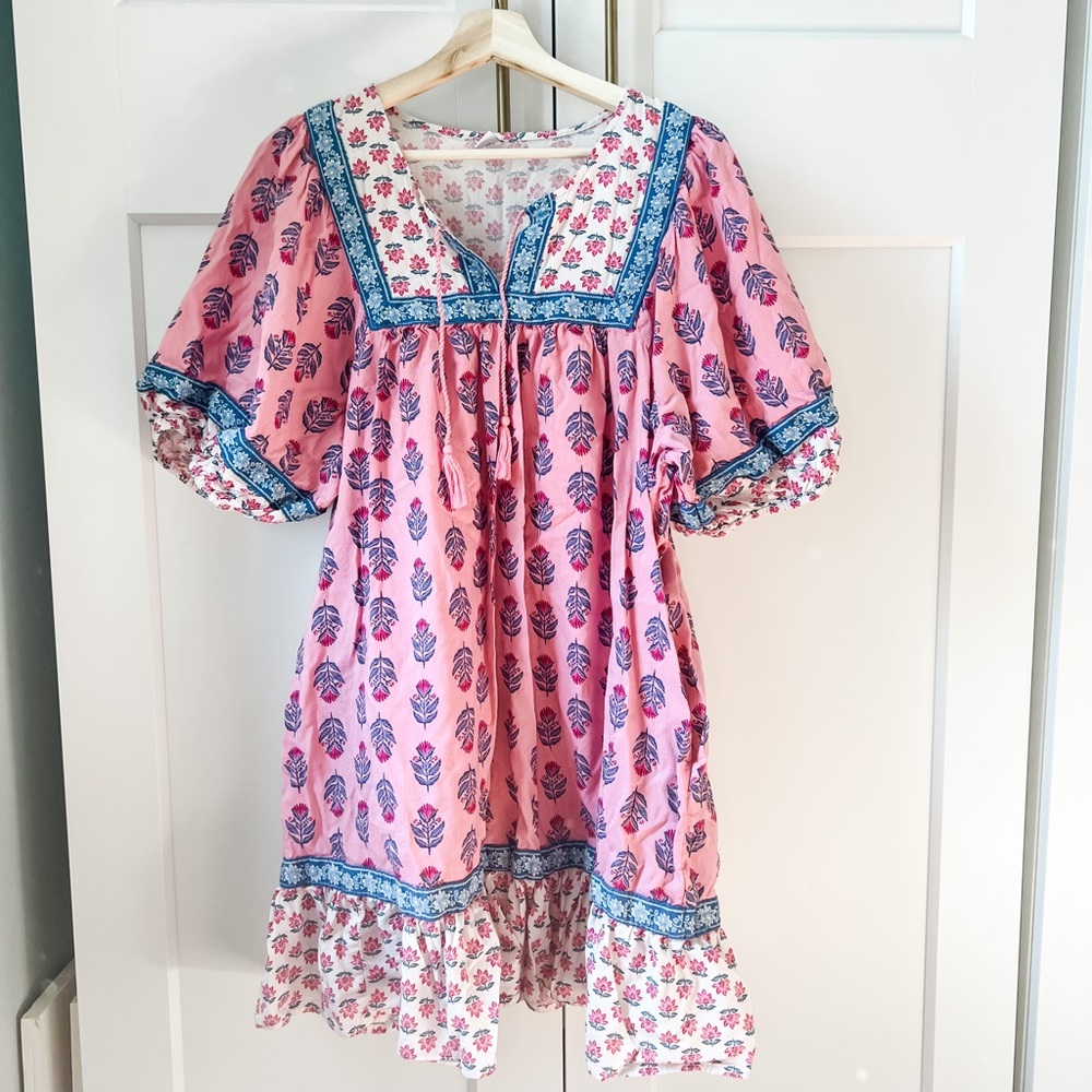 Puff Sleeve Pink Paisley Printed Swing Dress